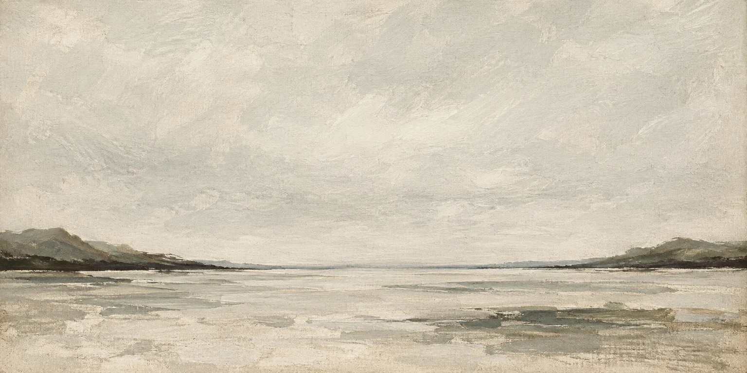 A ridge half erased by weather in cream, stone, sage; panoramic artwork.