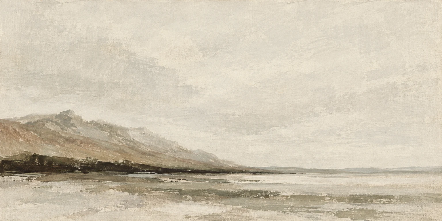 A ridge half erased by weather in cream, stone, taupe; panoramic artwork.
