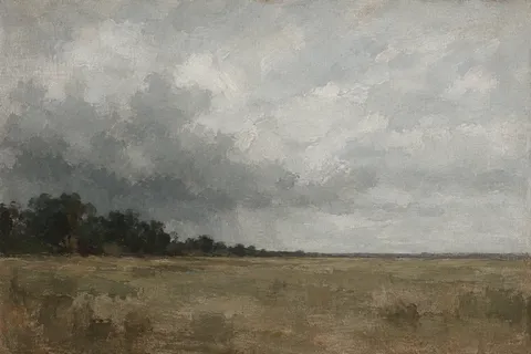 A squall line walking across open ground in stone, olive, gray, charcoal; landscape artwork.
