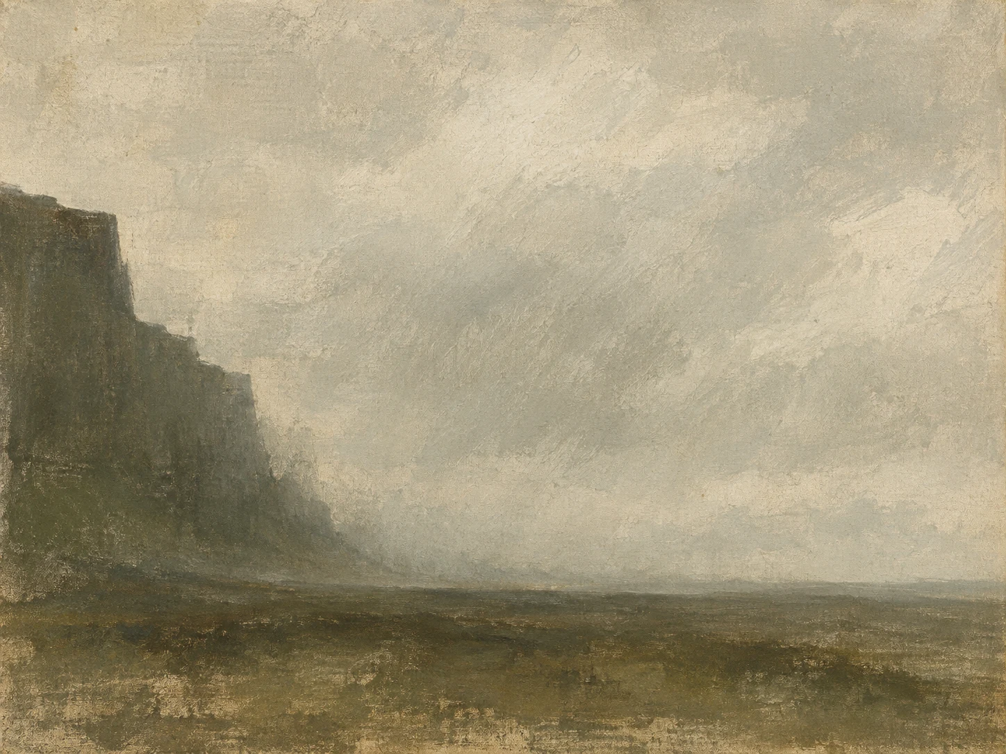 Sleet blurring a low moor in stone, olive, brown, sand; landscape artwork.