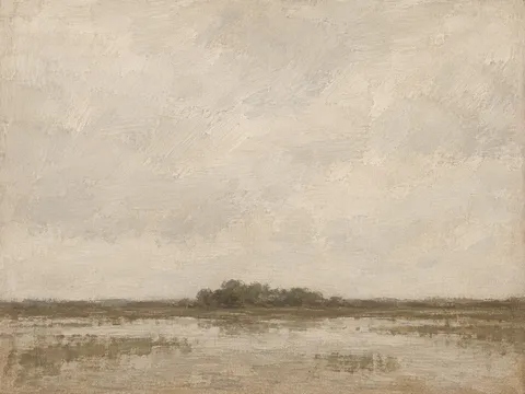 A flooded field under a flat white sky in stone, cream, sand, taupe; landscape artwork.