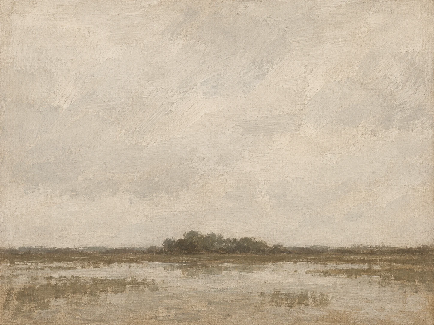 A flooded field under a flat white sky in stone, cream, sand, taupe; landscape artwork.
