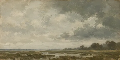 A saltmarsh running to a far treeline in stone, sand, taupe, brown; panoramic artwork.