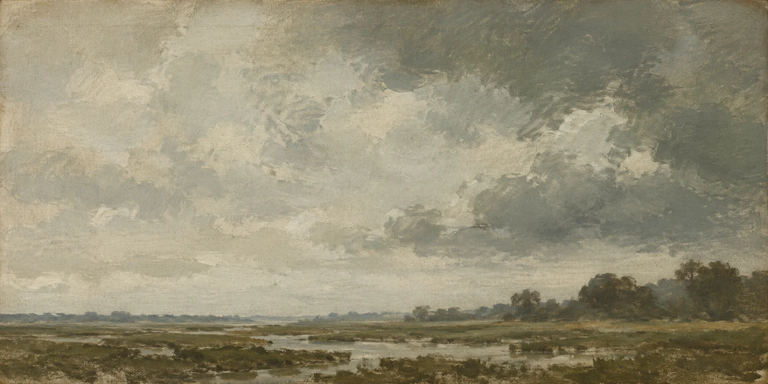 A saltmarsh running to a far treeline in stone, sand, taupe, brown; panoramic artwork.