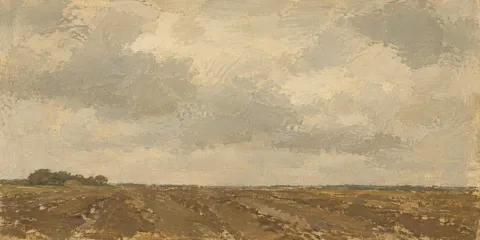 A ploughed field under moving cloud in sand, stone, olive, taupe; panoramic artwork.