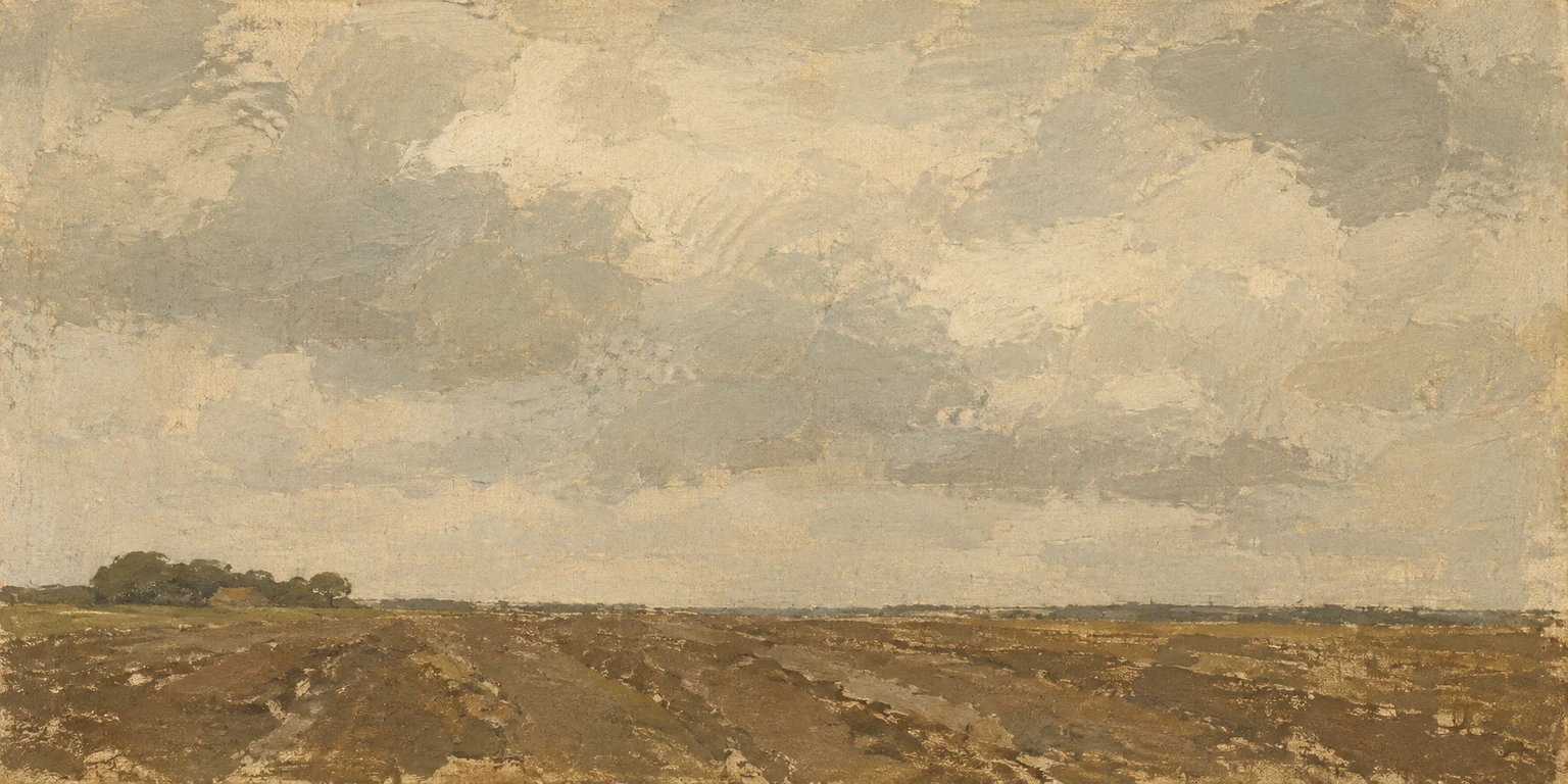 A ploughed field under moving cloud in sand, stone, olive, taupe; panoramic artwork.
