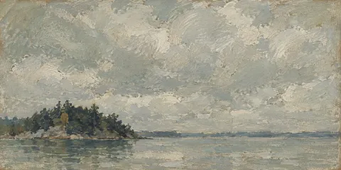 A lake surface with one dark island in gray, stone, sand, charcoal; panoramic artwork.