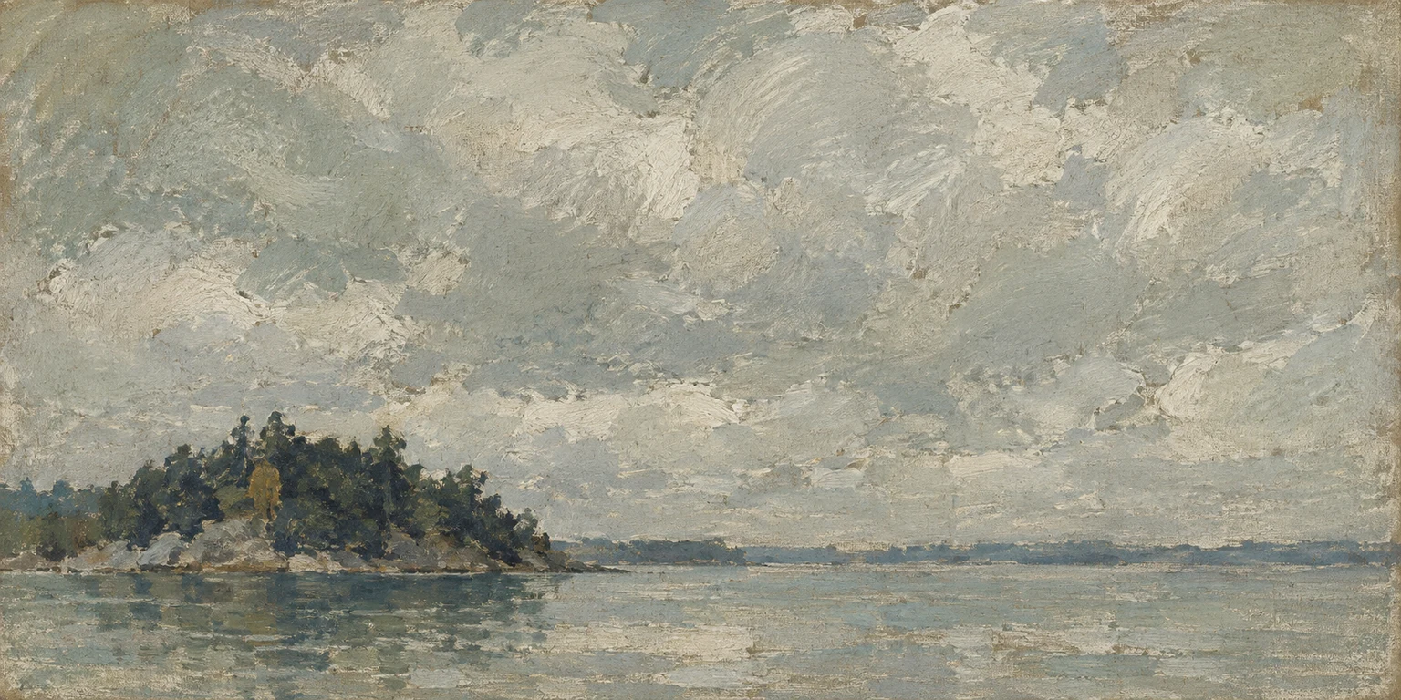 A lake surface with one dark island in gray, stone, sand, charcoal; panoramic artwork.