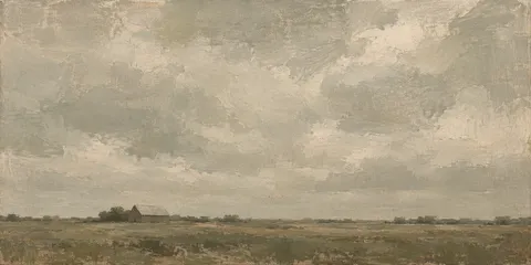 A plain with a single distant barn in sand, stone, olive, taupe; panoramic artwork.