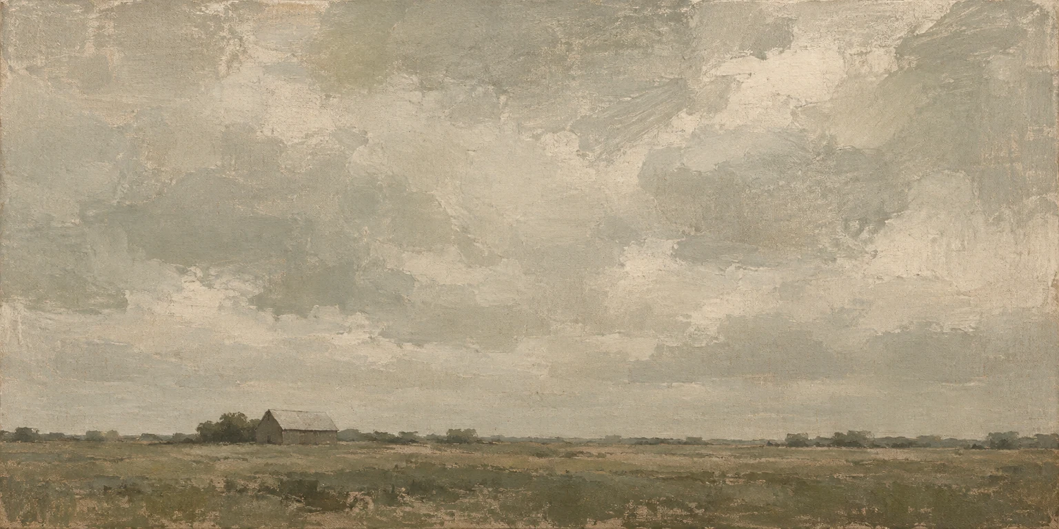 A plain with a single distant barn in sand, stone, olive, taupe; panoramic artwork.