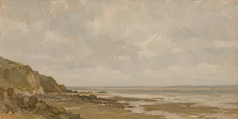 A shoreline seen from above at low tide in stone, sand, taupe, olive; panoramic artwork.