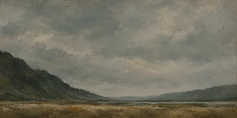 A valley floor between two soft ridges in gray, brown, charcoal, taupe; panoramic artwork.