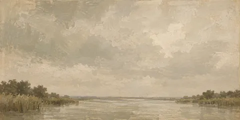 A river reach with reed beds in stone, sand, sage, taupe; panoramic artwork.