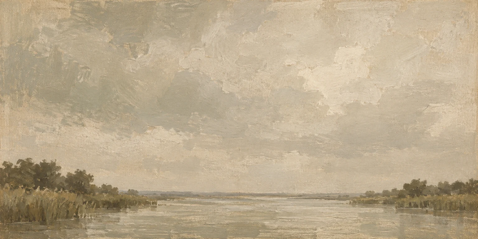 A river reach with reed beds in stone, sand, sage, taupe; panoramic artwork.