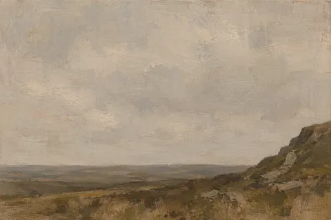 A moor rising to nothing in sand, olive, stone, brown; landscape artwork.