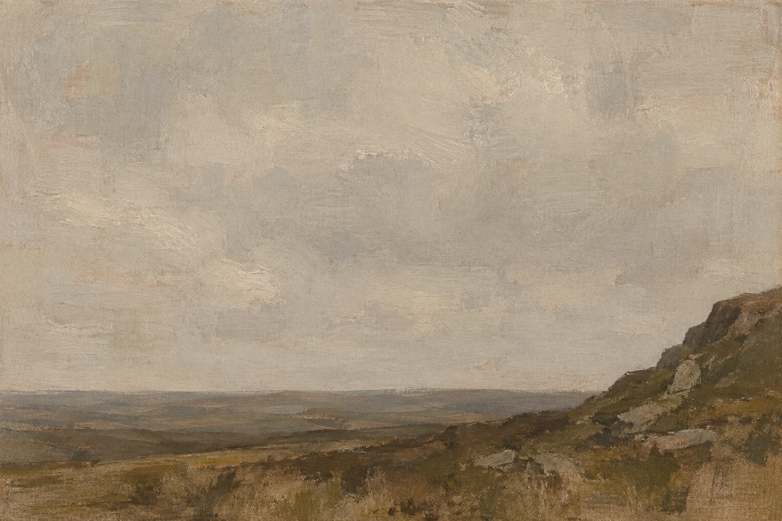 A moor rising to nothing in sand, olive, stone, brown; landscape artwork.