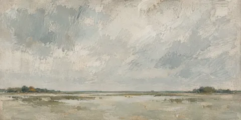 A flooded washland under a wide sky in stone, sand, cream, sage; panoramic artwork.