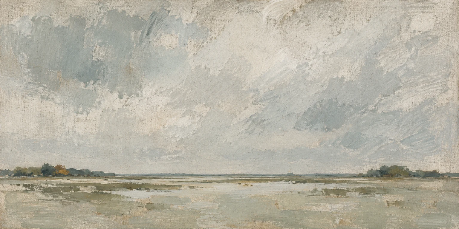 A flooded washland under a wide sky in stone, sand, cream, sage; panoramic artwork.