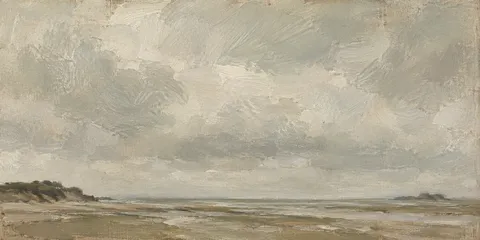 A long sandbar under low cloud in stone, sand, taupe, gray; panoramic artwork.
