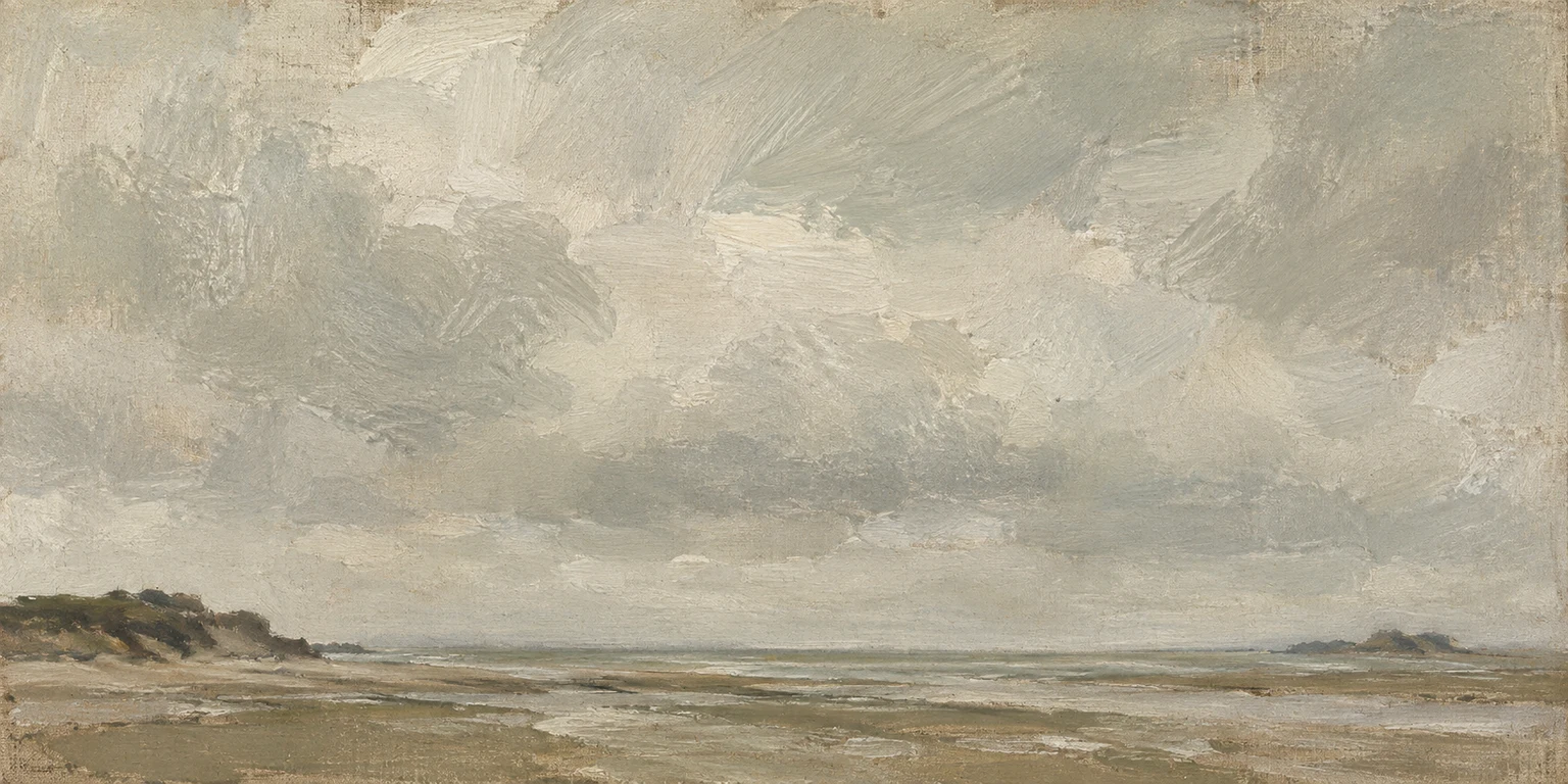 A long sandbar under low cloud in stone, sand, taupe, gray; panoramic artwork.