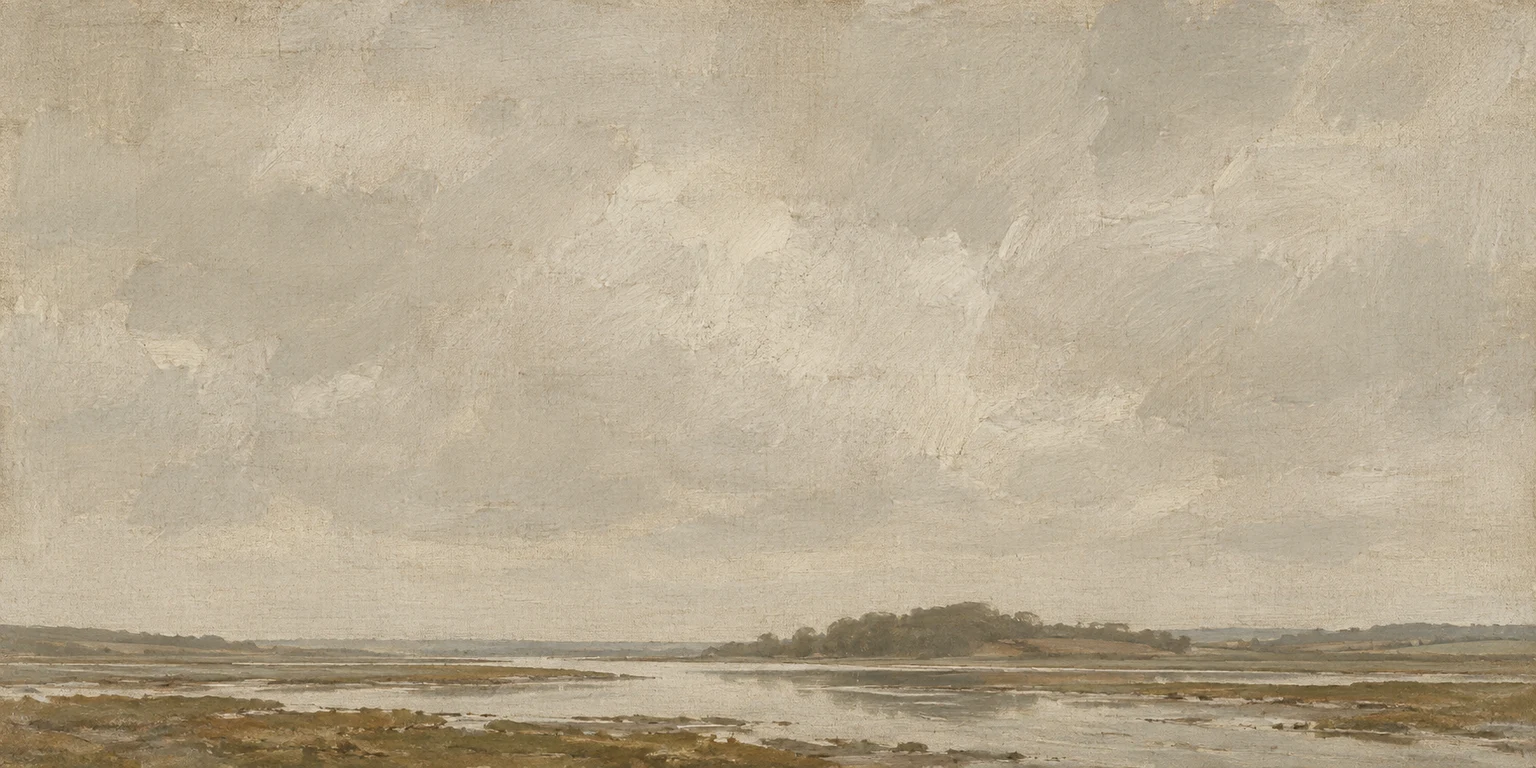 An estuary at slack water in stone, sand, taupe; panoramic artwork.