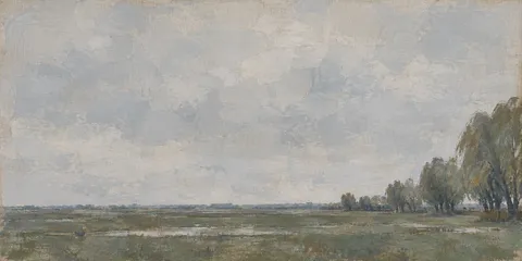 A fen with one line of willows in stone, gray, charcoal; panoramic artwork.
