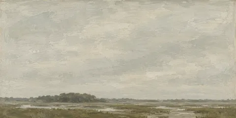 A saltmarsh running to a far treeline in stone, olive, sand; panoramic artwork.