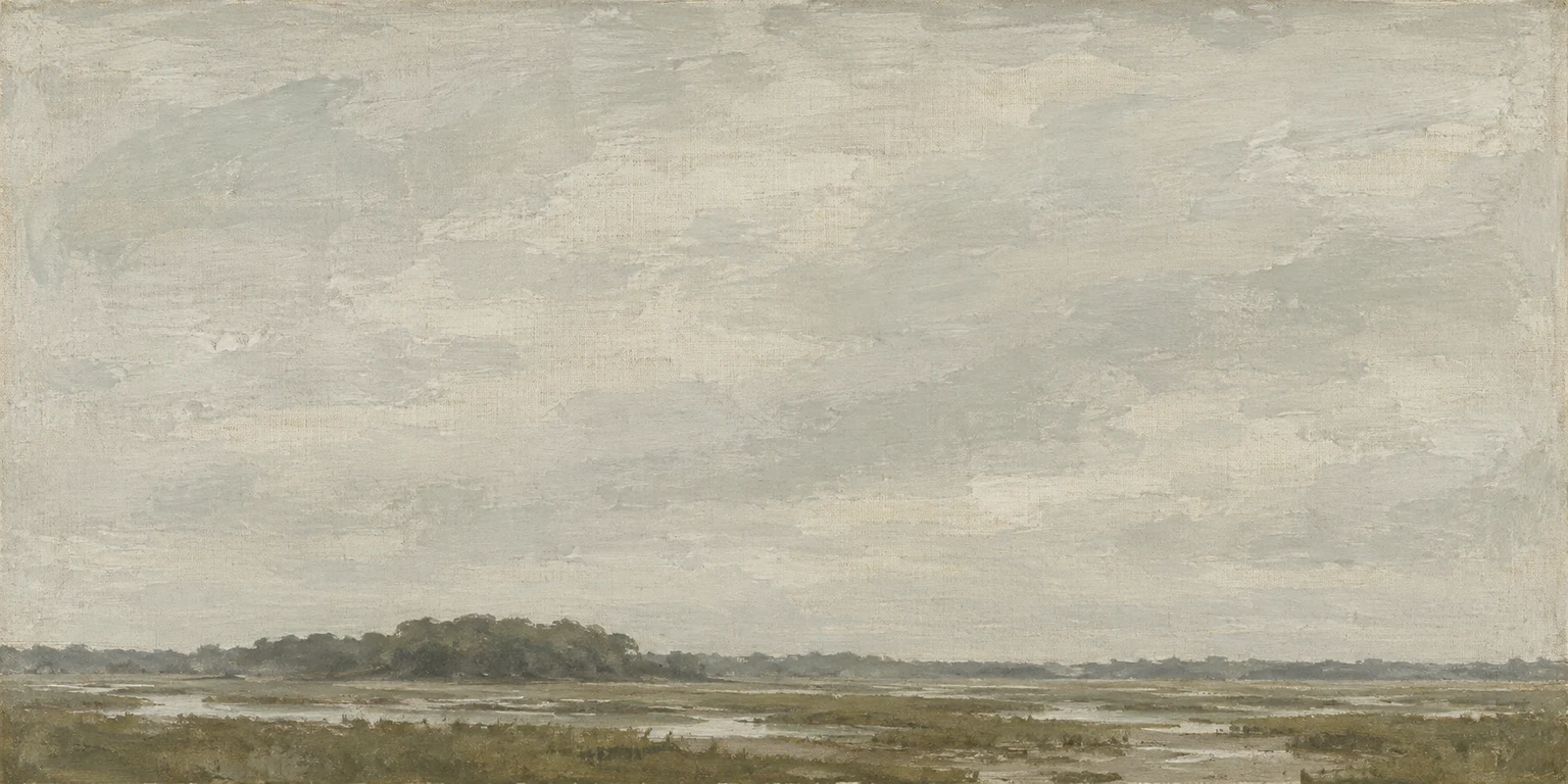 A saltmarsh running to a far treeline in stone, olive, sand; panoramic artwork.