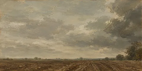 A ploughed field under moving cloud in sage, brown, sand, olive; panoramic artwork.