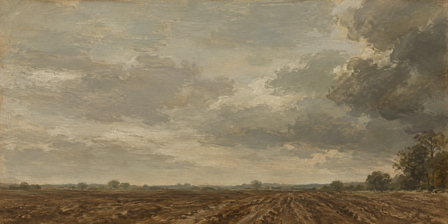 A ploughed field under moving cloud in sage, brown, sand, olive; panoramic artwork.