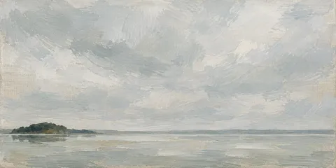 A lake surface with one dark island in stone, cream, gray; panoramic artwork.