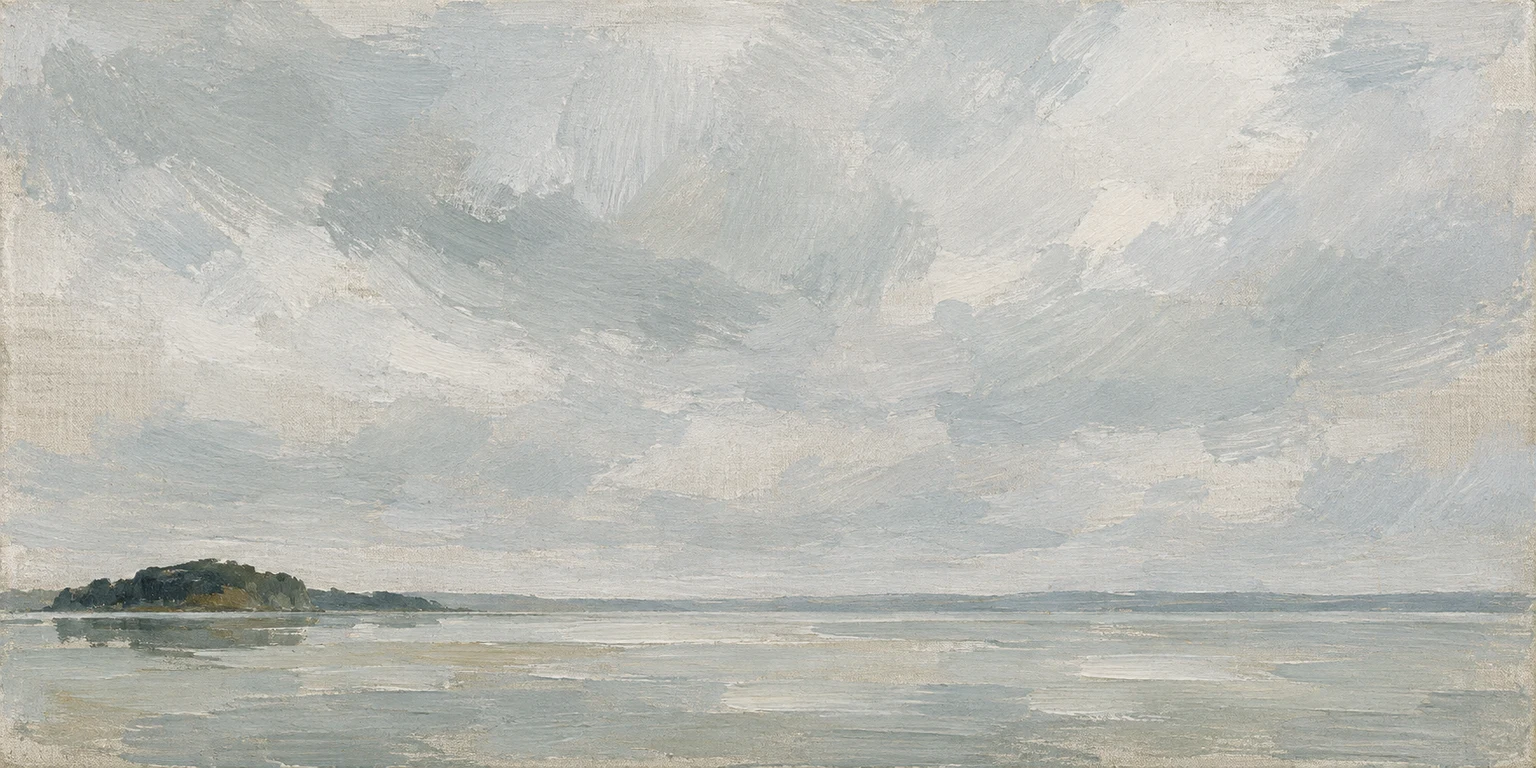 A lake surface with one dark island in stone, cream, gray; panoramic artwork.