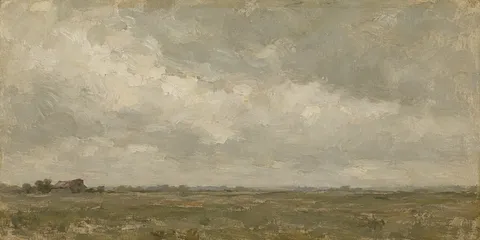 A plain with a single distant barn in sand, sage, olive, stone; panoramic artwork.