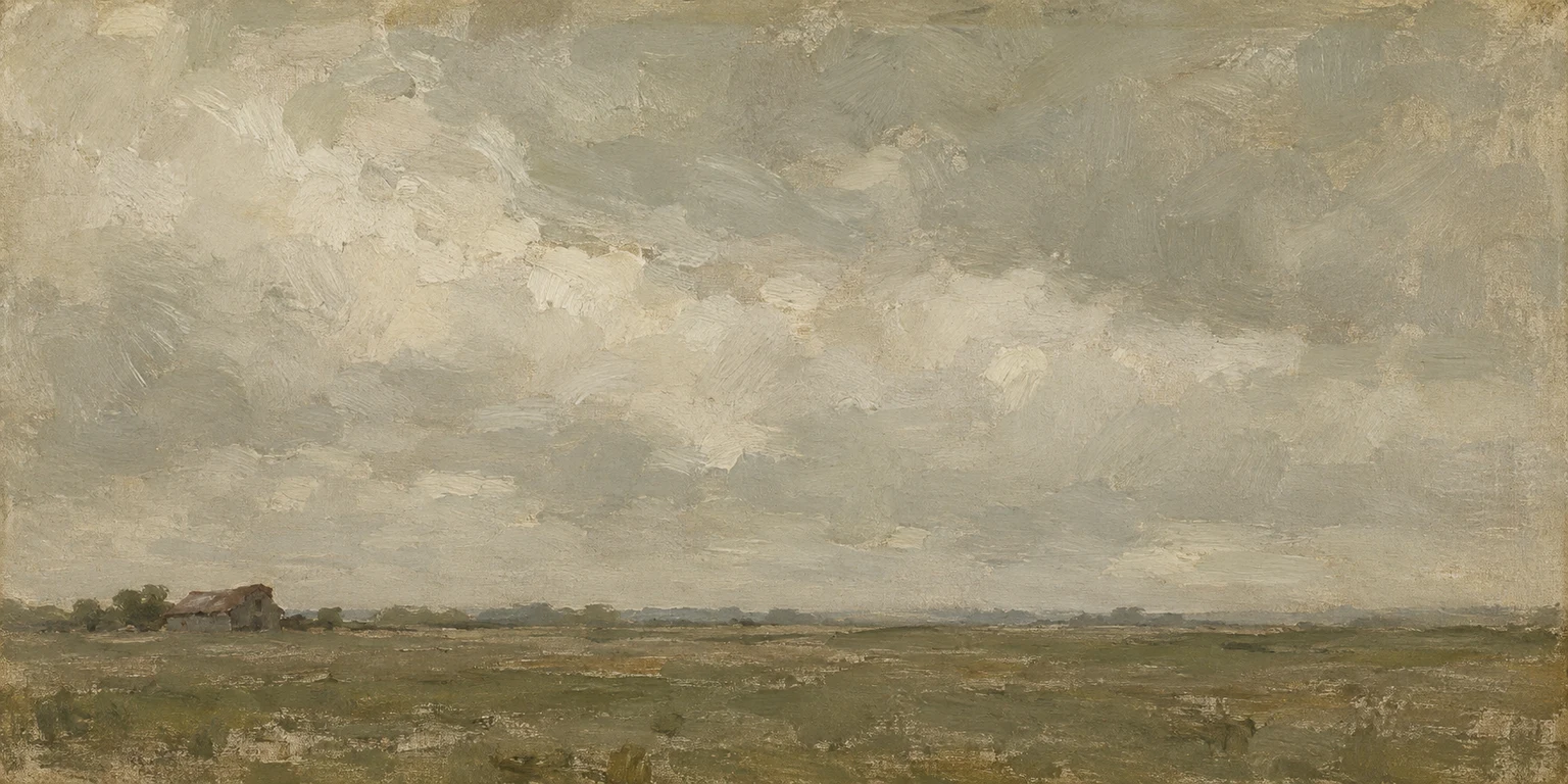 A plain with a single distant barn in sand, sage, olive, stone; panoramic artwork.