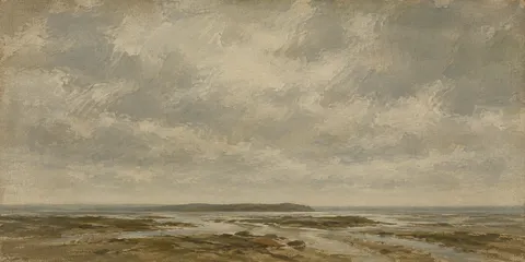 A shoreline seen from above at low tide in sand, sage, olive, taupe; panoramic artwork.
