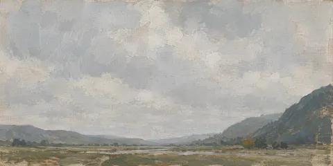 A valley floor between two soft ridges in stone, charcoal, taupe; panoramic artwork.