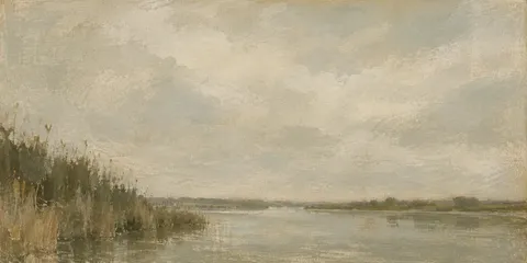 A river reach with reed beds in stone, sand, olive, sage; panoramic artwork.