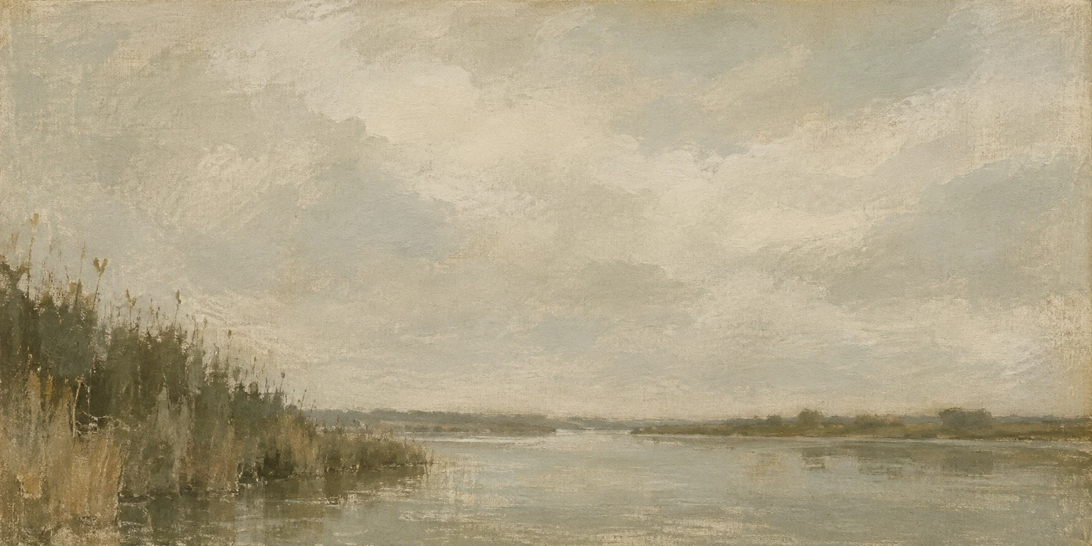 A river reach with reed beds in stone, sand, olive, sage; panoramic artwork.
