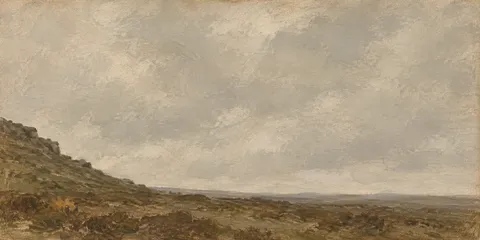 A moor rising to nothing in stone, sand, brown, olive; panoramic artwork.