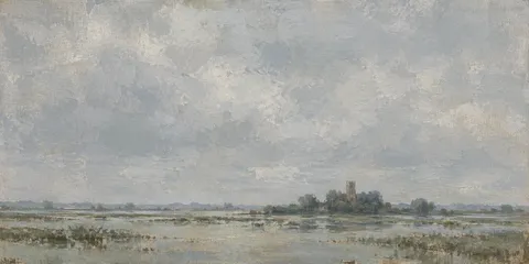 A flooded washland under a wide sky in stone, gray; panoramic artwork.