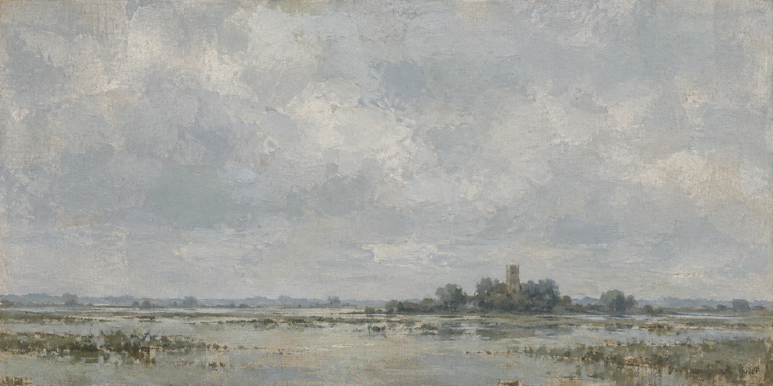 A flooded washland under a wide sky in stone, gray; panoramic artwork.