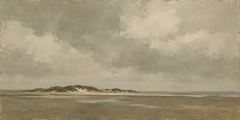A long sandbar under low cloud in sand, sage, olive, stone; panoramic artwork.