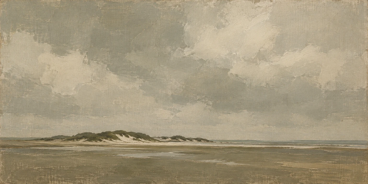 A long sandbar under low cloud in sand, sage, olive, stone; panoramic artwork.