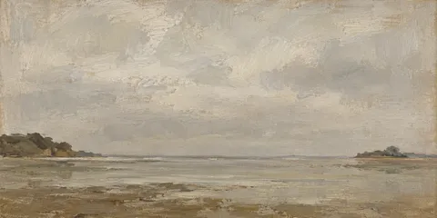 An estuary at slack water in stone, sand, olive, gray; panoramic artwork.