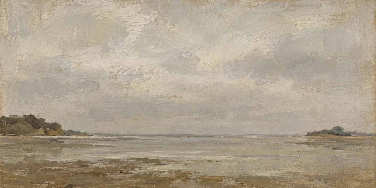 An estuary at slack water in stone, sand, olive, gray; panoramic artwork.