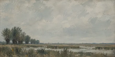 A fen with one line of willows in stone, gray, olive, charcoal; panoramic artwork.