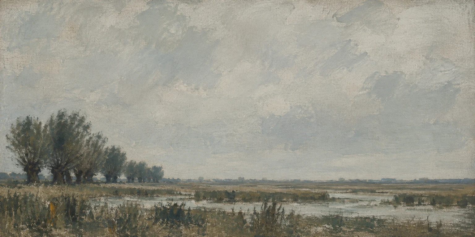 A fen with one line of willows in stone, gray, olive, charcoal; panoramic artwork.