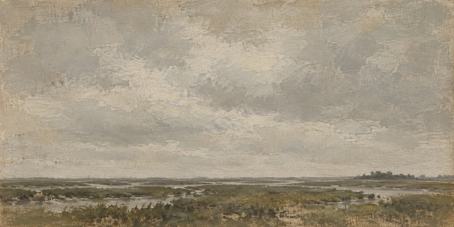 A saltmarsh running to a far treeline in gray, stone, sand, olive; panoramic artwork.