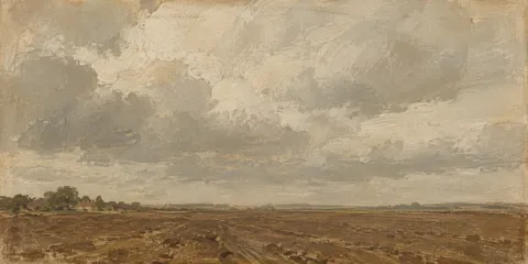 A ploughed field under moving cloud in sand, brown, sage, stone; panoramic artwork.