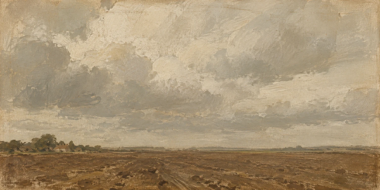 A ploughed field under moving cloud in sand, brown, sage, stone; panoramic artwork.